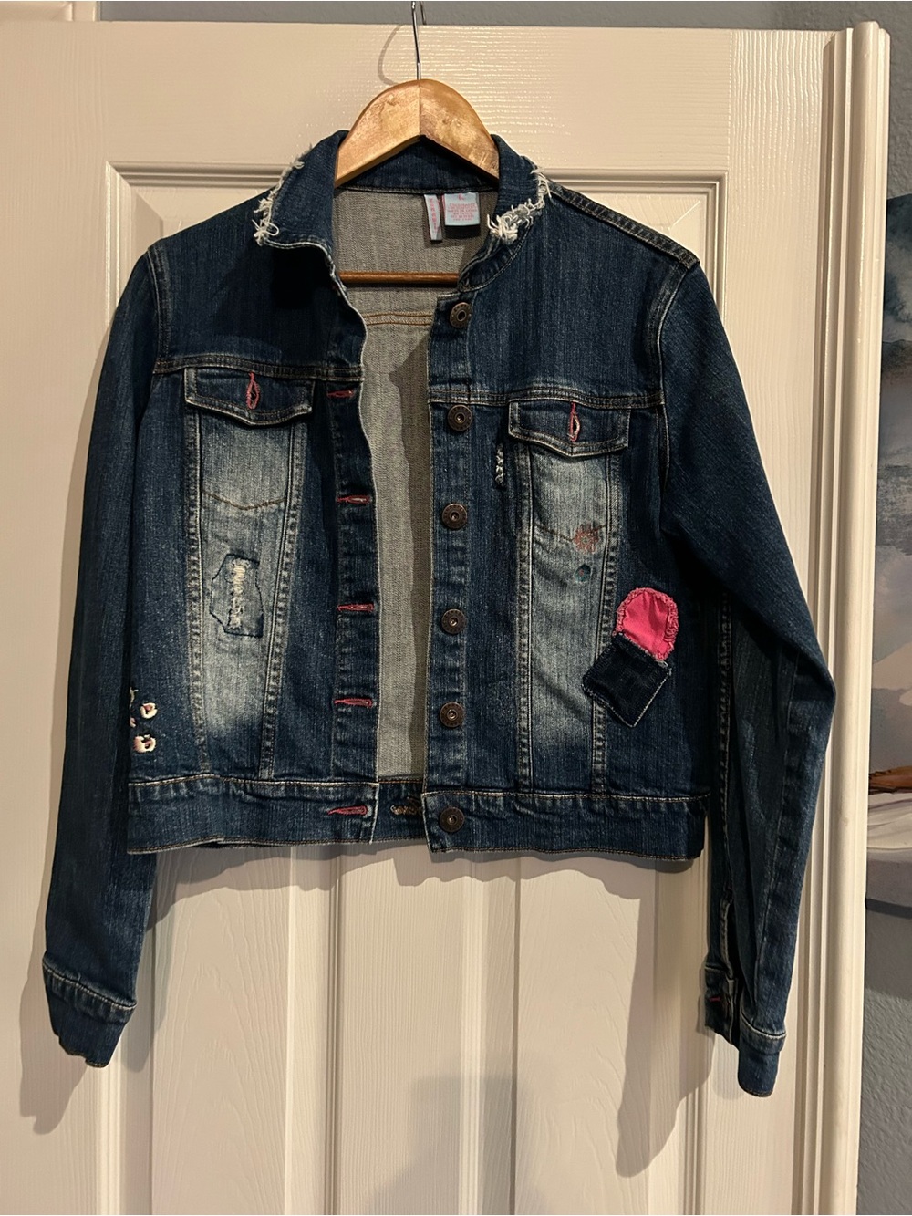 Dark Wash Denim Jacket with Pink Patch Detail